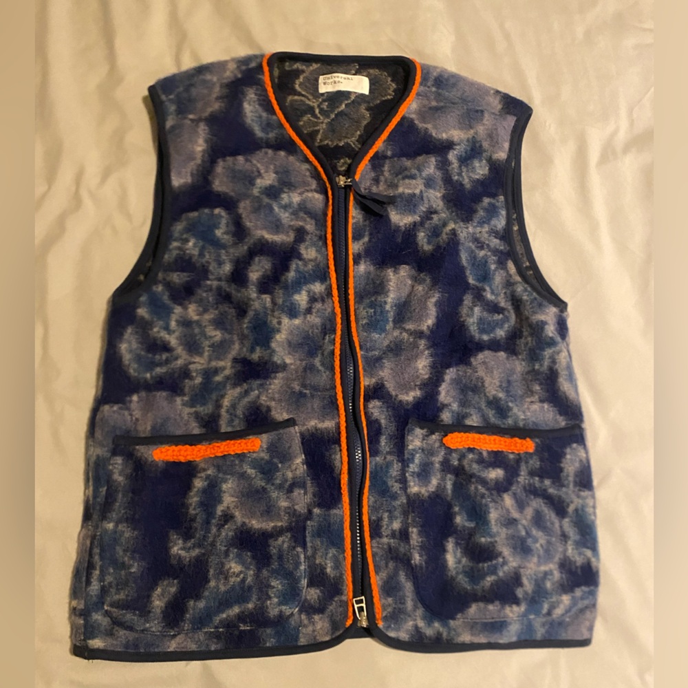 Universal Works Ylang Flower Wool Fleece Zip Gilet in navy